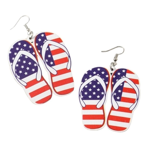 3 For $25 Patriotic Beach Style Classic Flip Flop Wooden Dangle Earrings - Picture 1 of 9